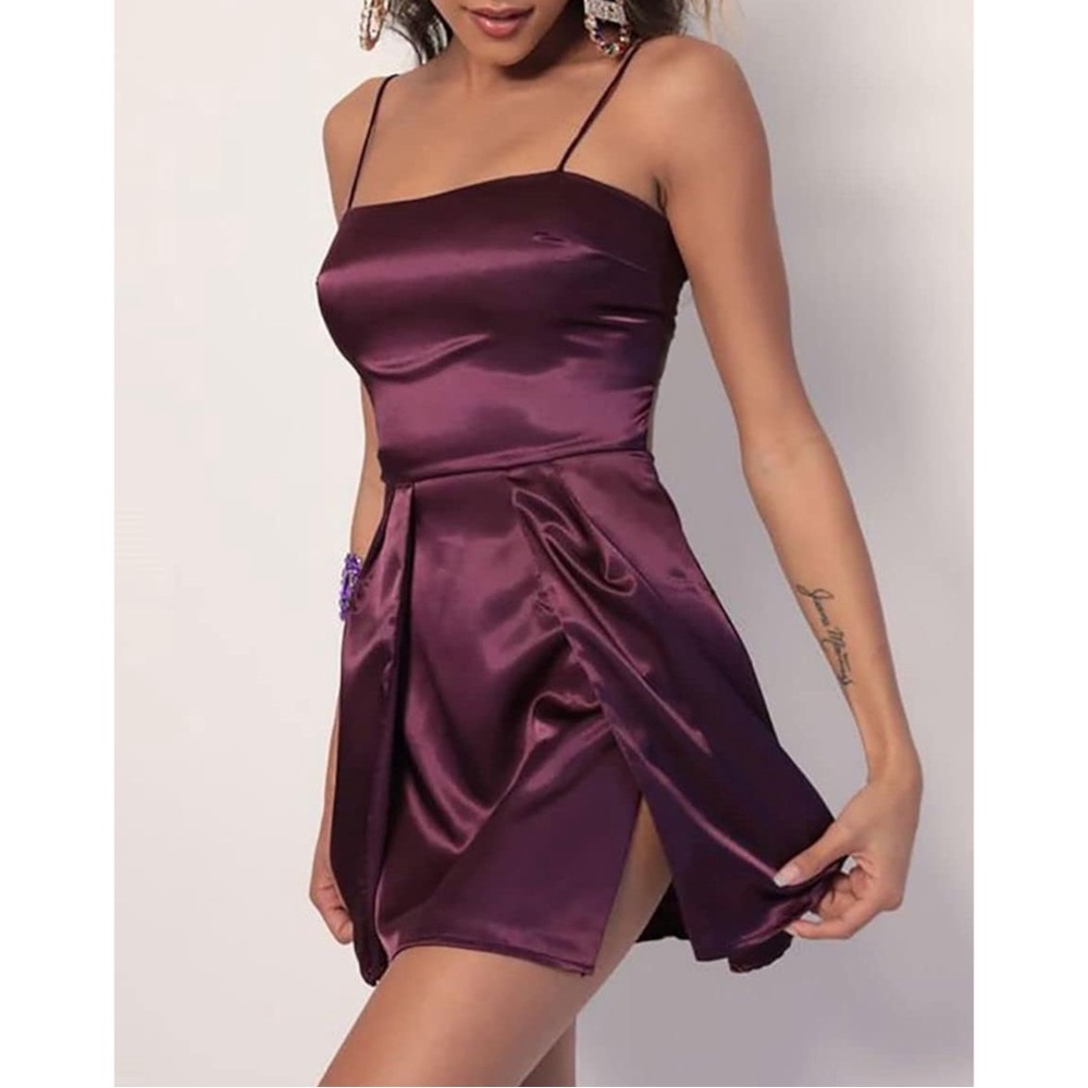 Lucy In The Sky Satin High Slit Mini Dress | Dark Purple